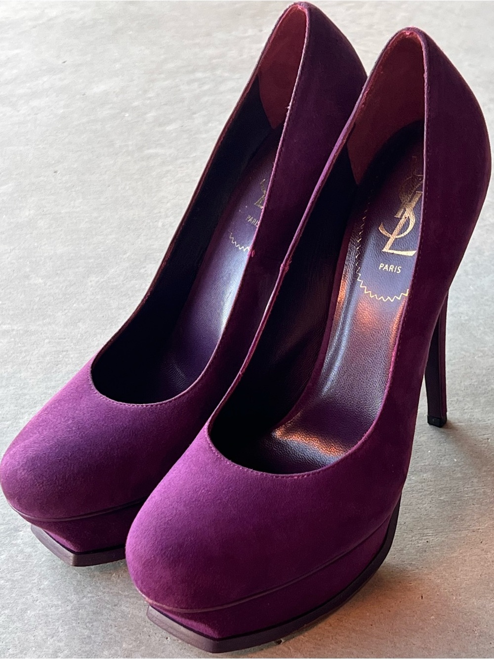 YSL Yves Saint Laurent Tribute 105 Purple Suede Platform Pumps Heels Size 38.5